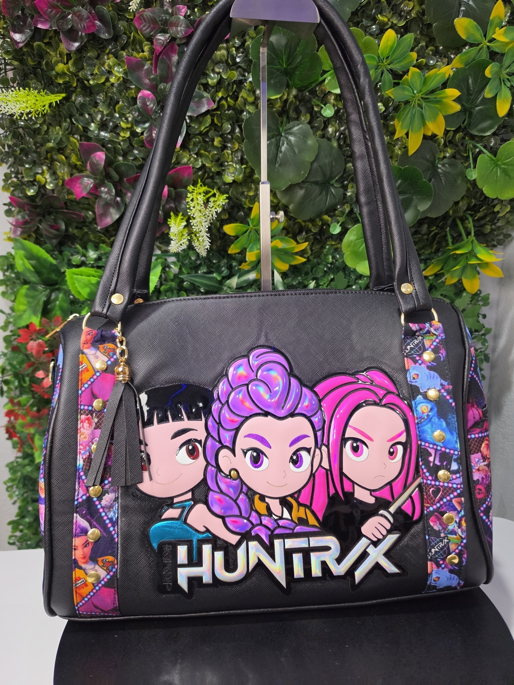 Black Graphic Tote Bag with Colorful Character Art